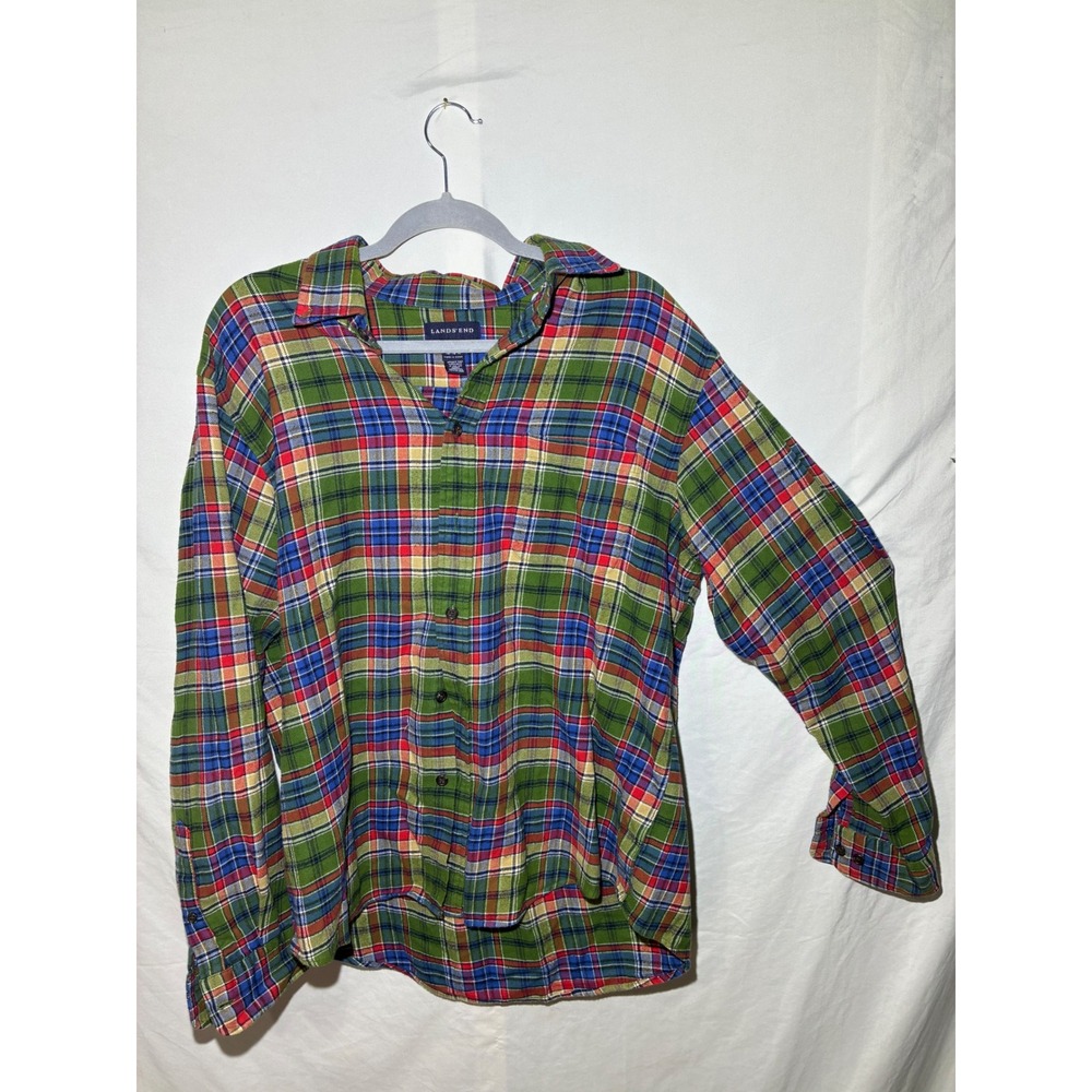 Lands End Mens Flannel Shirt Large Green Blue Red Plaid Button Down 381718